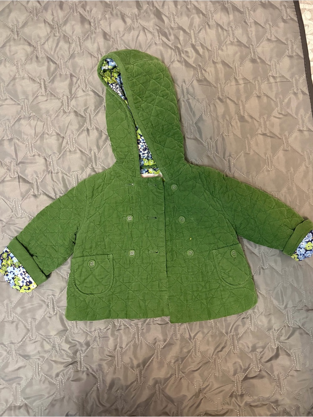 Janie and Jack Green Quilted Hooded Puffer Jacket with Floral Trim